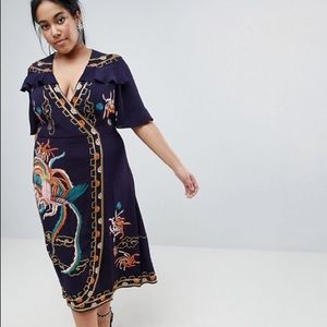 ASOS Curve embroidered ruffle wrap midi dress